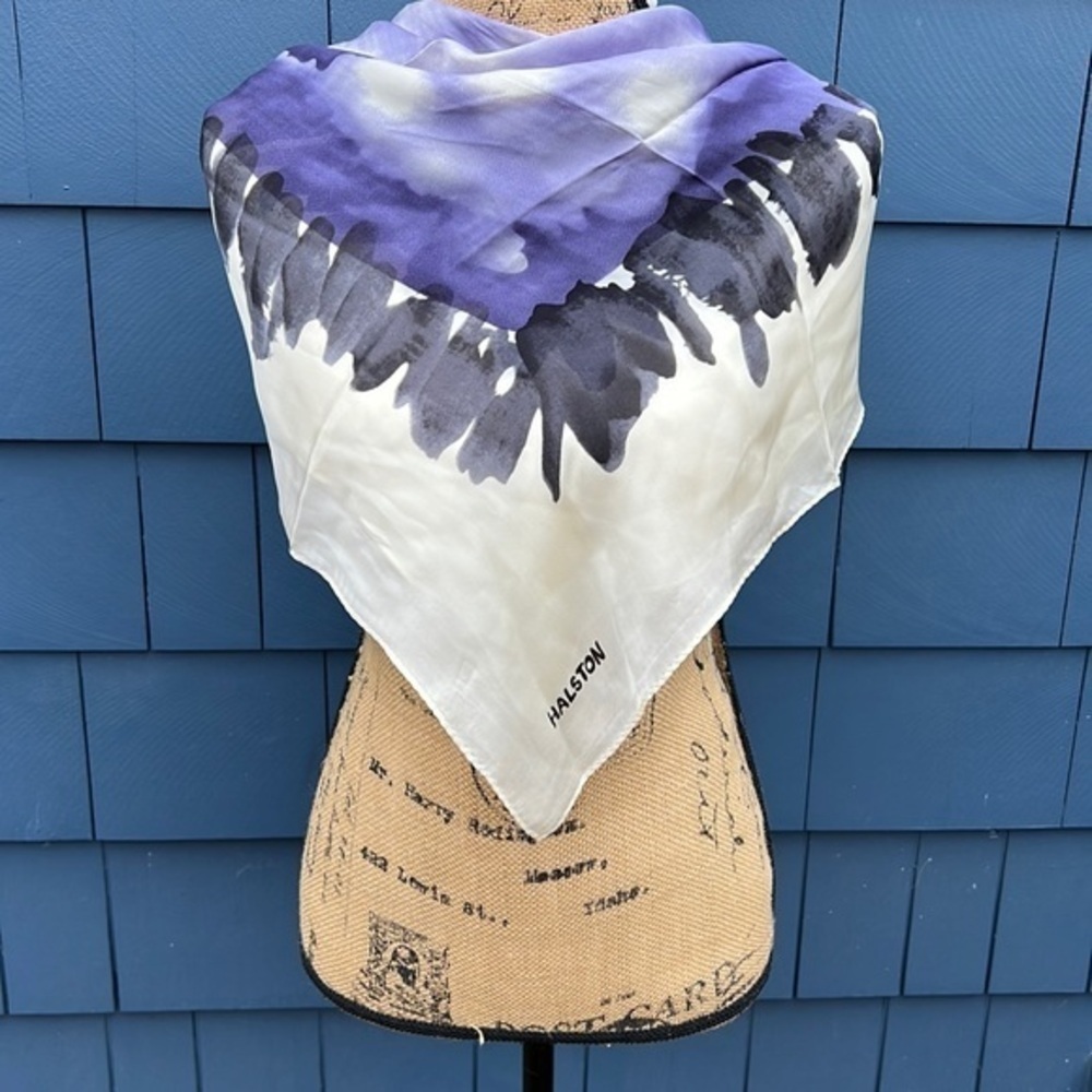 💜🤍🖤Halston silk scarf black purple art 34x34 kerchief - Picture 1 of 11